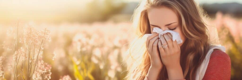 Vrouw snuit haar neus in een bloeiend veld, typisch voor hooikoorts in het pollenseizoen